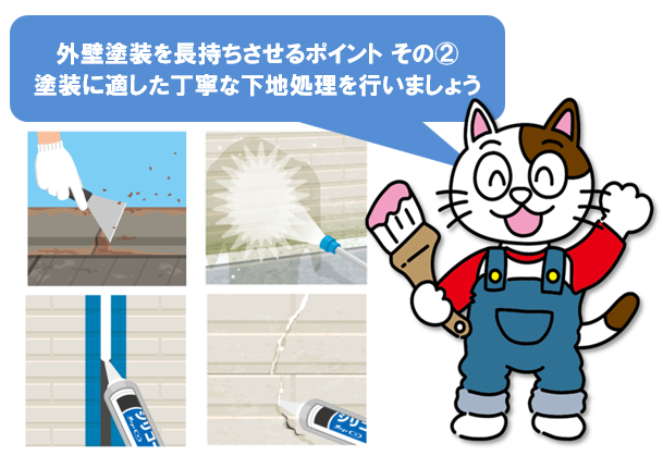 外壁塗装を長持ちさせるポイント その②　塗装に適した丁寧な下地処理を行いましょう　イメージ