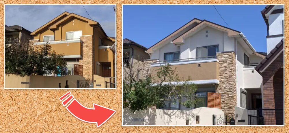 長久手市　2階建て南欧風住宅　外壁デザイン塗装　施工例