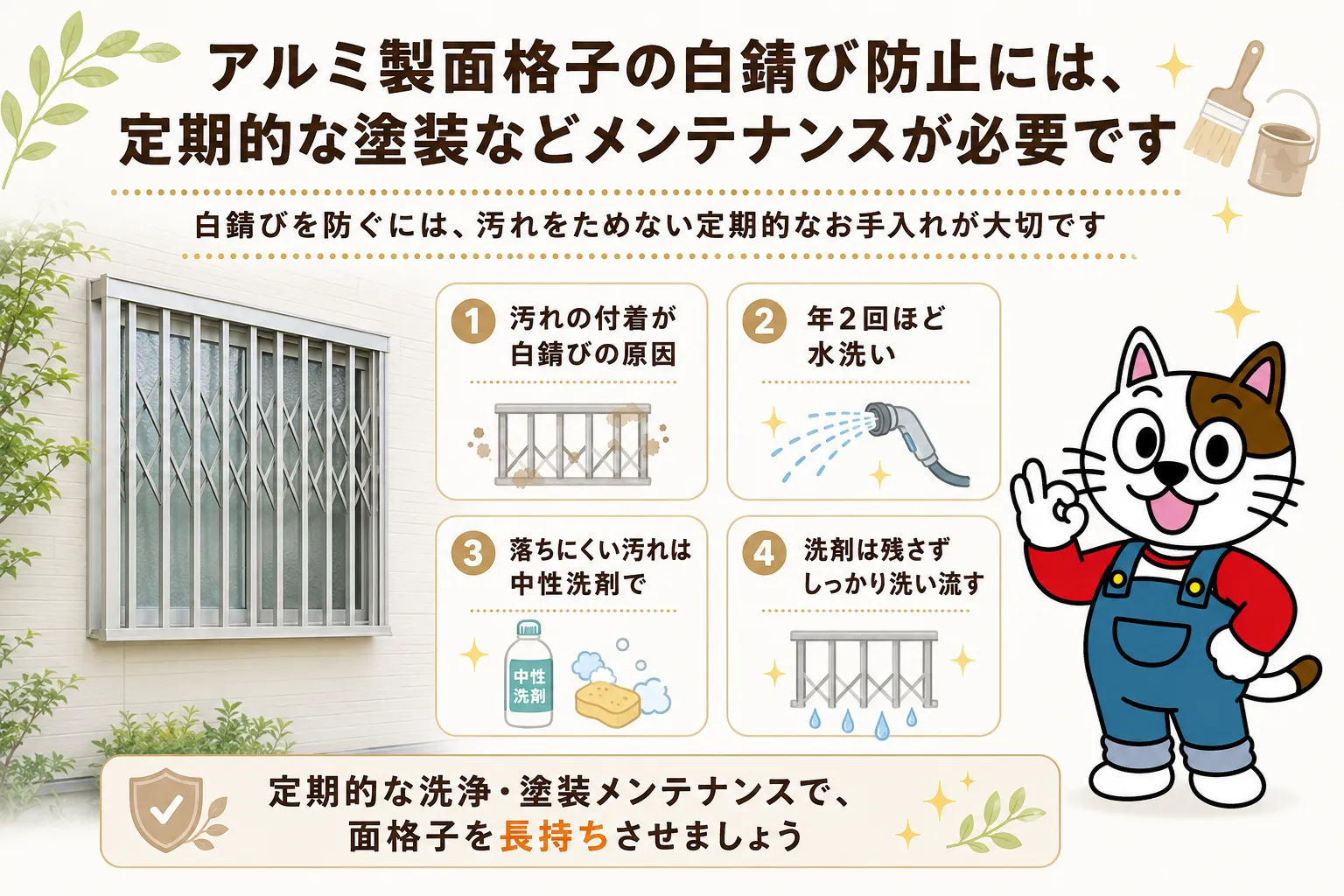 アルミ製面格子の白錆び防止には、定期的な塗装などメンテナンスが必要です イメージ