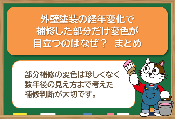 外壁塗装の経年変化で、補修した部分だけ変色が目立つのはなぜ？　まとめ　イメージ
