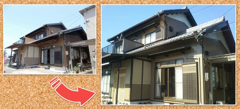 おしゃれな外壁ツートン塗装施工例①　一宮市　和風住宅　トタン外壁塗装　施工例