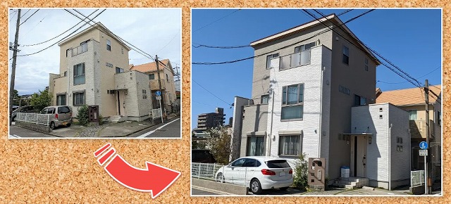 おしゃれな外壁塗装　東区　3階建モダン住宅　外壁ダブルトーン塗装　施工例