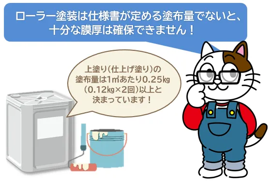 外壁ローラー塗装は仕様書が定める塗布量でないと、十分な膜厚は確保できません　イメージ