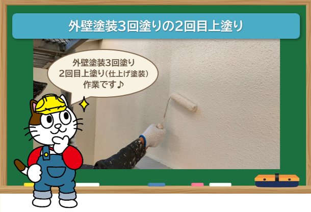 外壁塗装3回塗りの2回目上塗りは、上塗り（仕上げ塗装）の2回目の工程です　イメージ