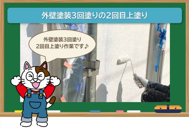 外壁塗装3回塗りの2回目中塗りは、上塗り（仕上げ塗り）の1回目の工程です　イメージ