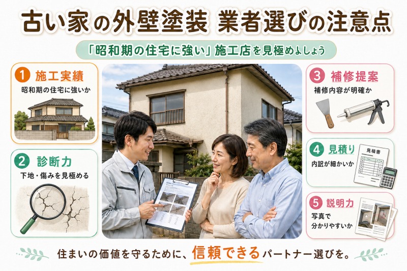古い家の外壁塗装　業者選びの注意点｜「昭和期の住宅に強い」施工店を見極めましょう イメージ