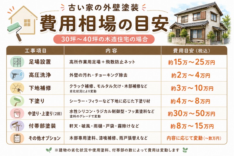 古い家の外壁塗装｜費用相場の目安（30坪〜40坪の木造住宅の場合） イメージ