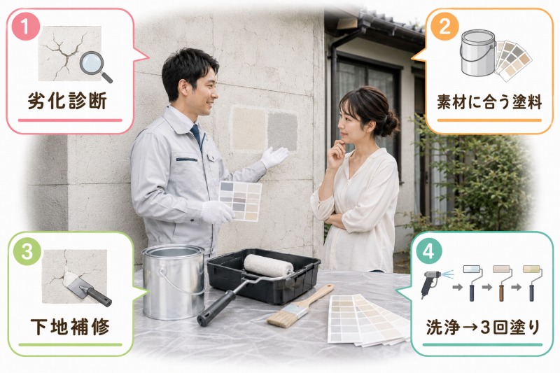 古い家の外壁塗装　適した塗料の選び方と、安心施工につながる基本工程とは？ イメージ