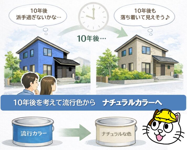 外壁塗装の色選びを考える上で知っておきたいこと 早い時代の流れへの反動に伴い、「10年後どう見えるか」が色選びの中心になってきましたイメージ
