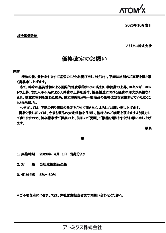 どうして、2026年も外壁塗装の塗料は値上がりしているのか？アトミクスの価格改定（2026年4月）　イメージ