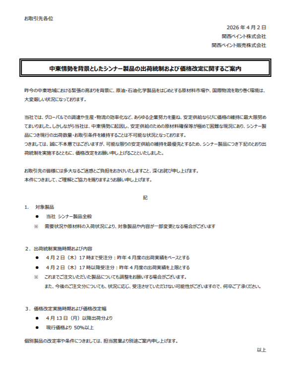 どうして、2026年も外壁塗装の塗料は値上がりしているのか？　関西ペイントの価格改定（2026年4月）　イメージ
