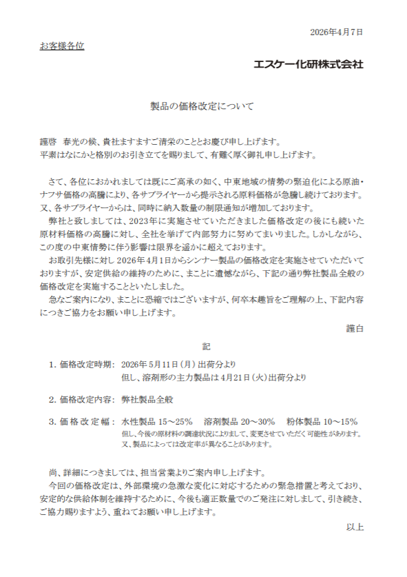 どうして、2026年も外壁塗装の塗料は値上がりしているのか？　エスケー化研の価格改定（2026年4・5月）　イメージ