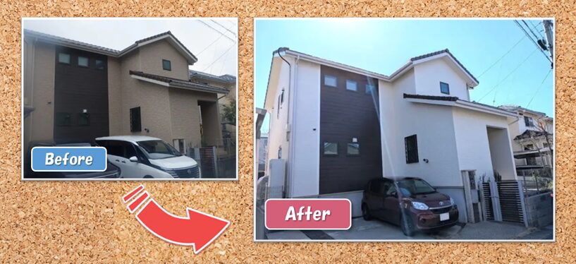 2026年おしゃれな外壁塗装 施工例　ホワイト×ブラウンが映える多彩仕上げ　洋風住宅外壁塗装　施工例