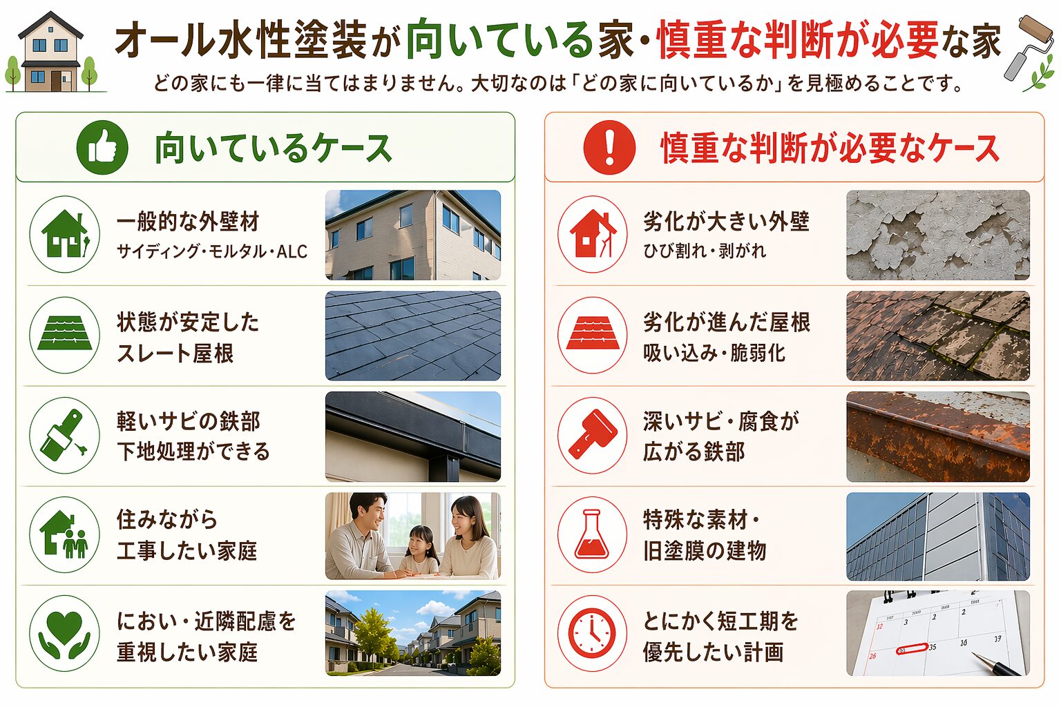 外壁塗装でオール水性塗装が向いている家・慎重な判断が必要な家　イメージ