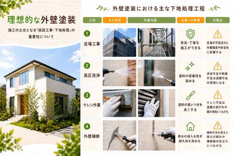 理想的な外壁塗装　施工の土台となる「仮設工事・下地処理」の重要性について　イメージ