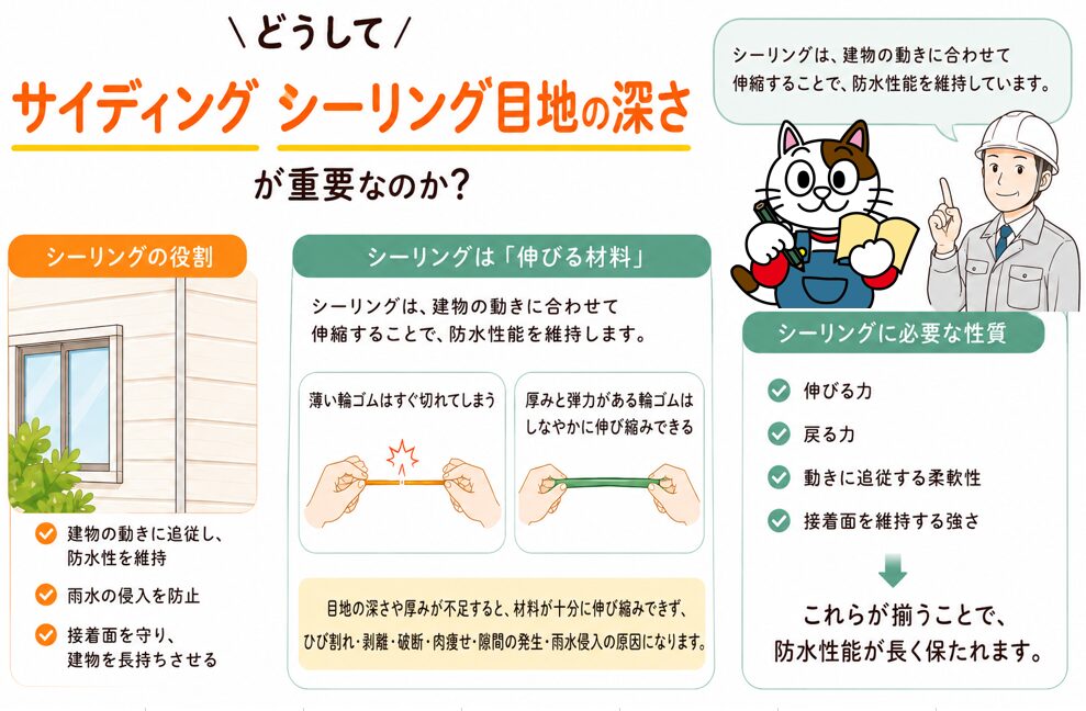 どうして「横張りサイディング　シーリング目地の深さ」が重要なのか　イメージ
