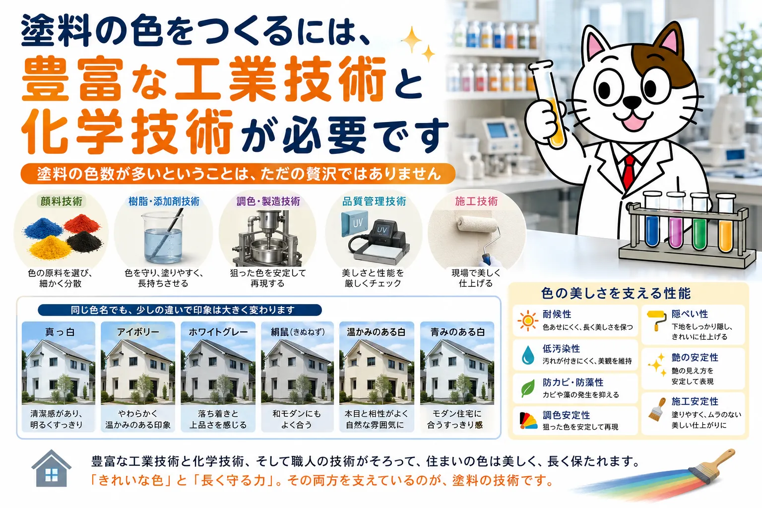 塗料の色をつくるには、豊富な工業技術と化学技術が必要です イメージ