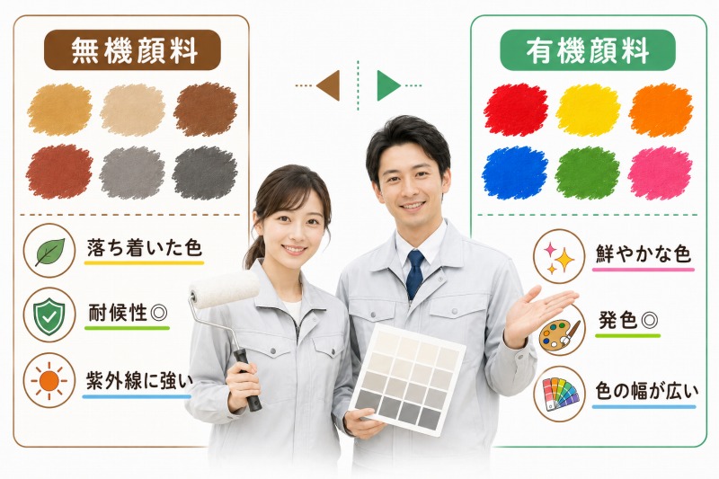 建築塗料で使われる着色顔料　無機顔料と有機顔料の違い イメージ