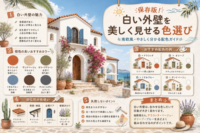 白い外壁で失敗しにくい色選びのポイント　イメージ