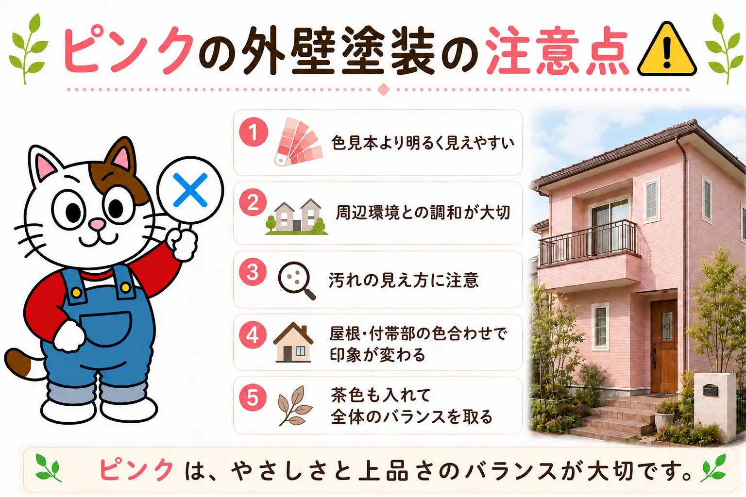 ピンクの外壁塗装の注意点　イメージ
