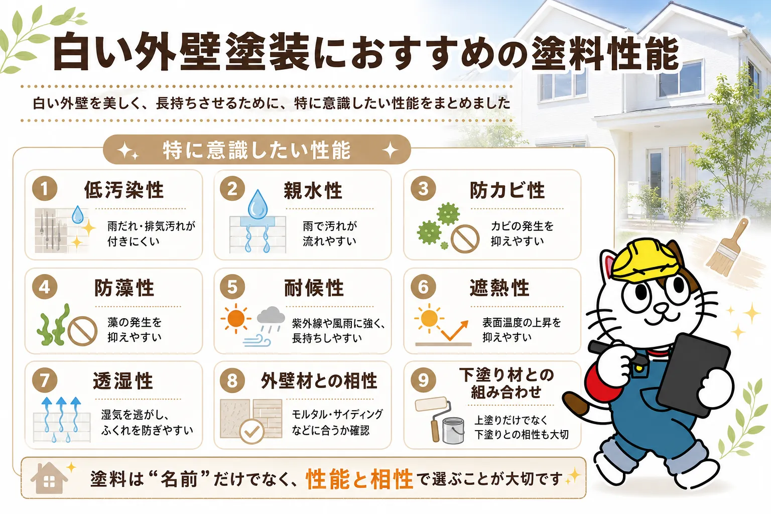 白い外壁塗装におすすめの塗料性能　イメージ