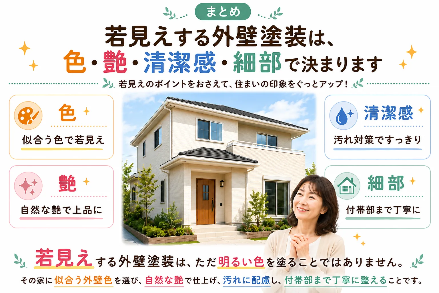 まとめ|外壁塗装の若見えは、色・艶・清潔感・細部で決まります イメージ