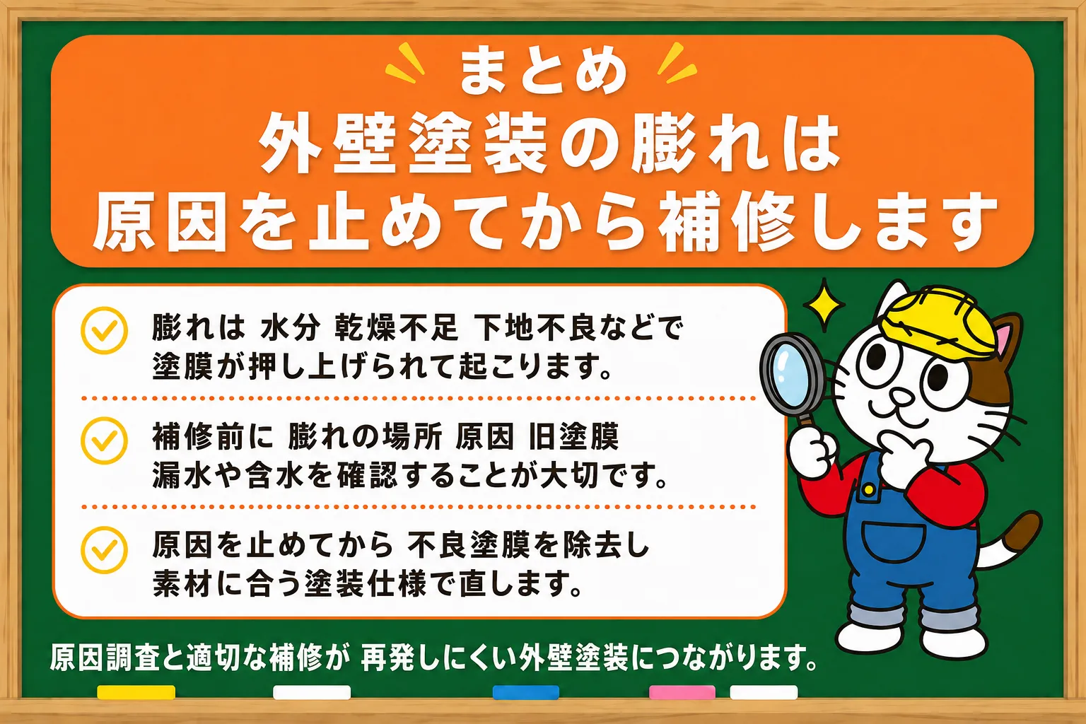まとめ|外壁塗装の膨れは原因を止めてから補修します イメージ