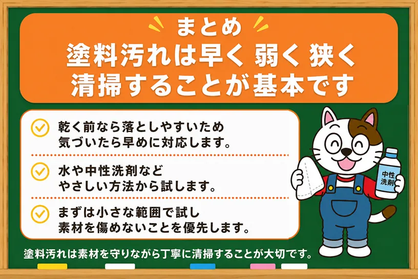まとめ｜塗料汚れは早く、弱く、狭く清掃することが基本です　イメージ