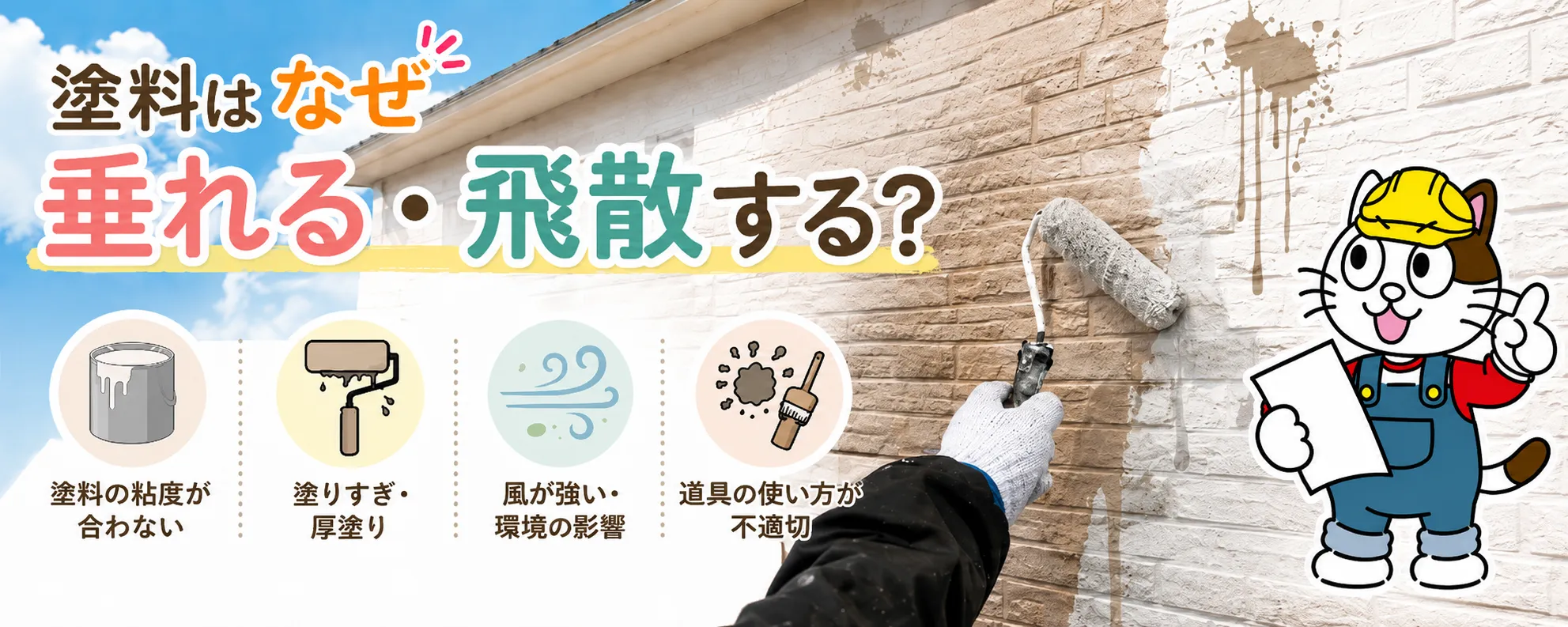 外壁塗料はなぜ垂れる・飛散する？原因と防ぐ方法を塗装職人が解説　イメージ