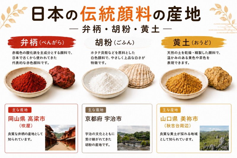 日本の伝統顔料の産地｜弁柄・胡粉・黄土　イメージ