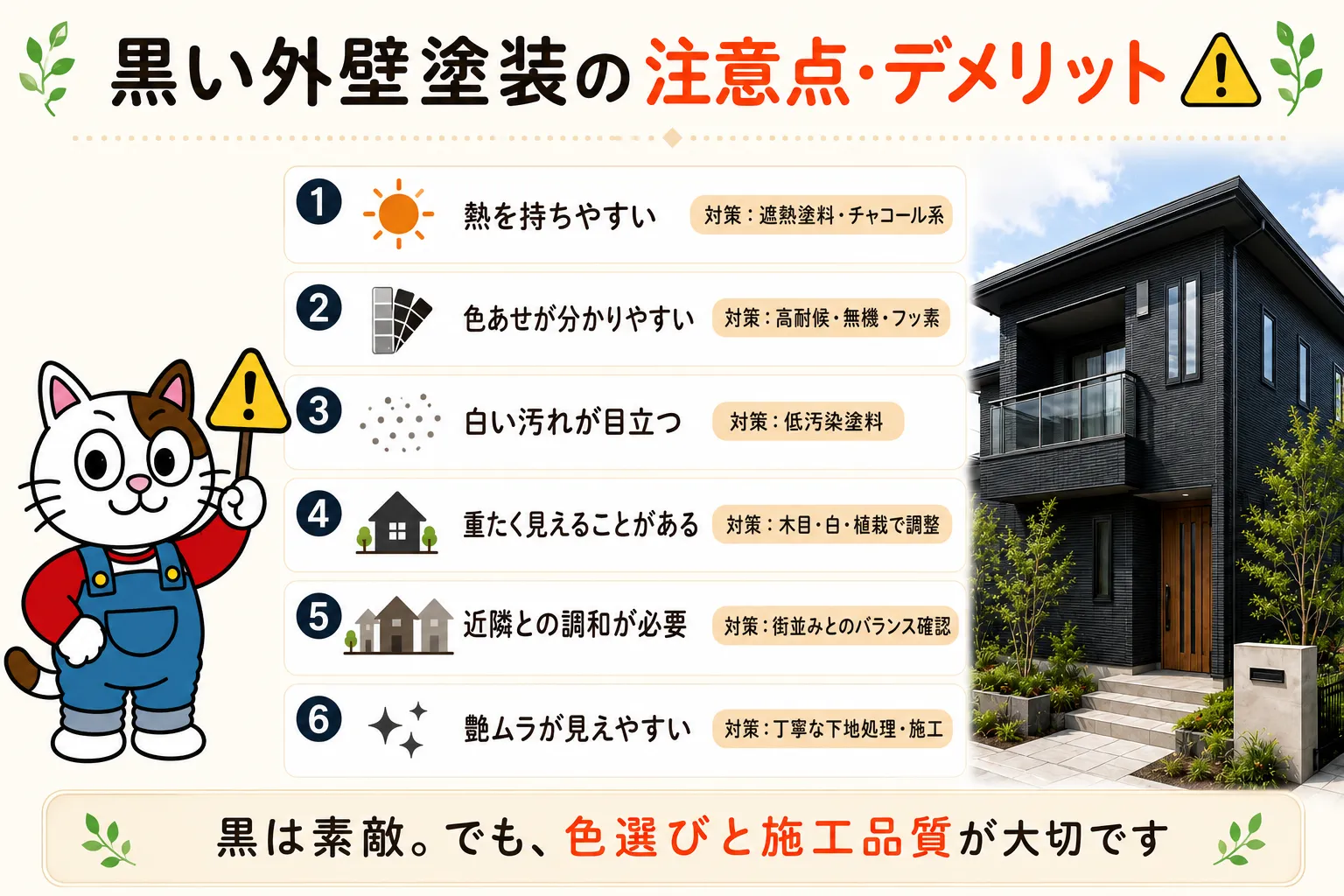 黒い外壁塗装の注意点・デメリット イメージ