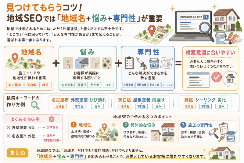 地域SEOでは「地域名+悩み+専門性」が重要 イメージ
