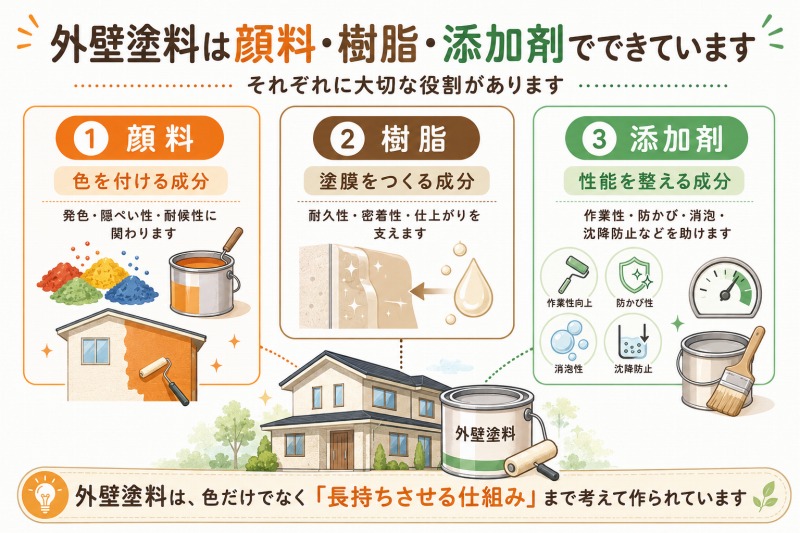 外壁塗料は顔料・樹脂・添加剤でできています　イメージ