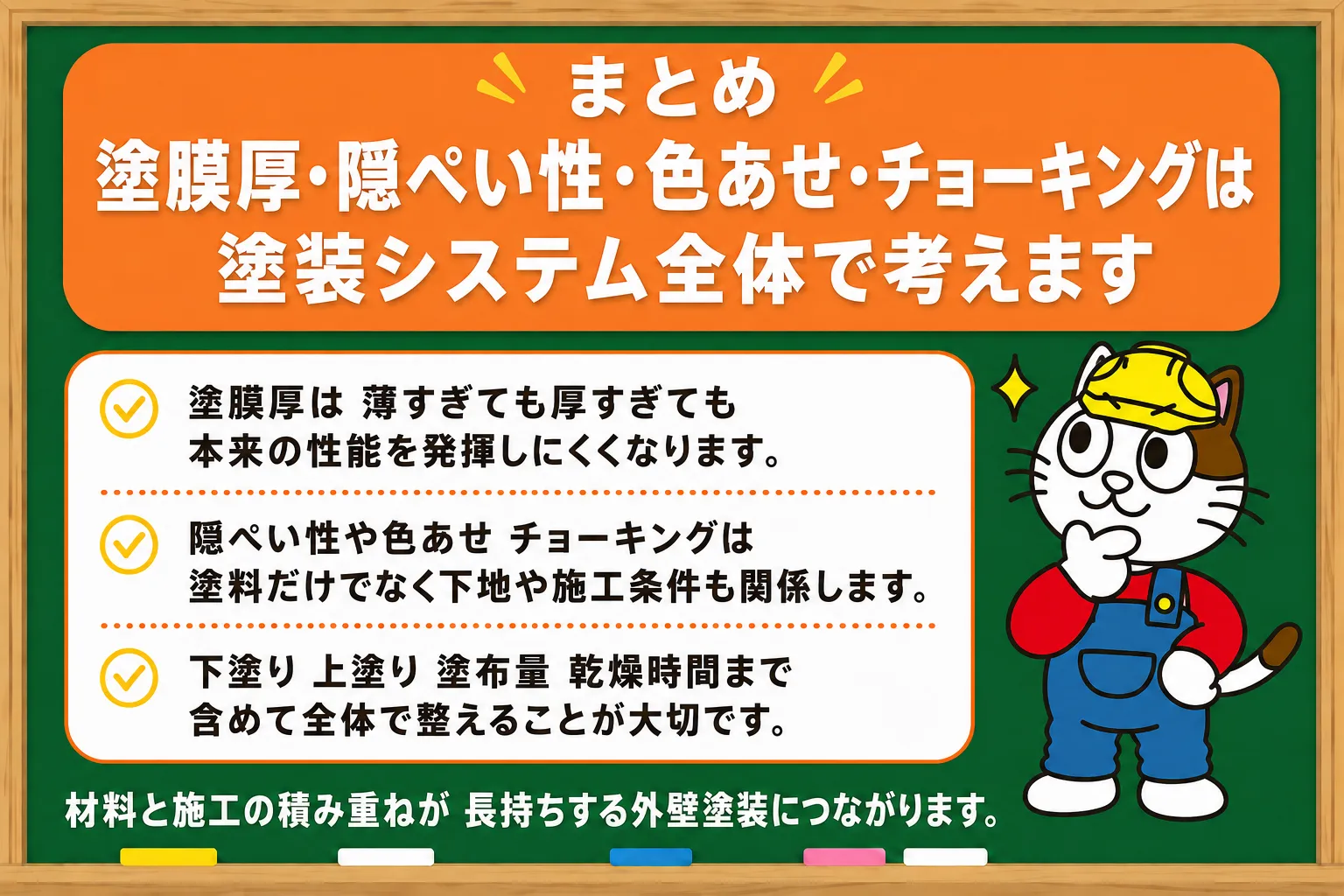 まとめ|塗膜厚・隠ぺい性・色あせ・チョーキングは塗装システム全体で考えます イメージ