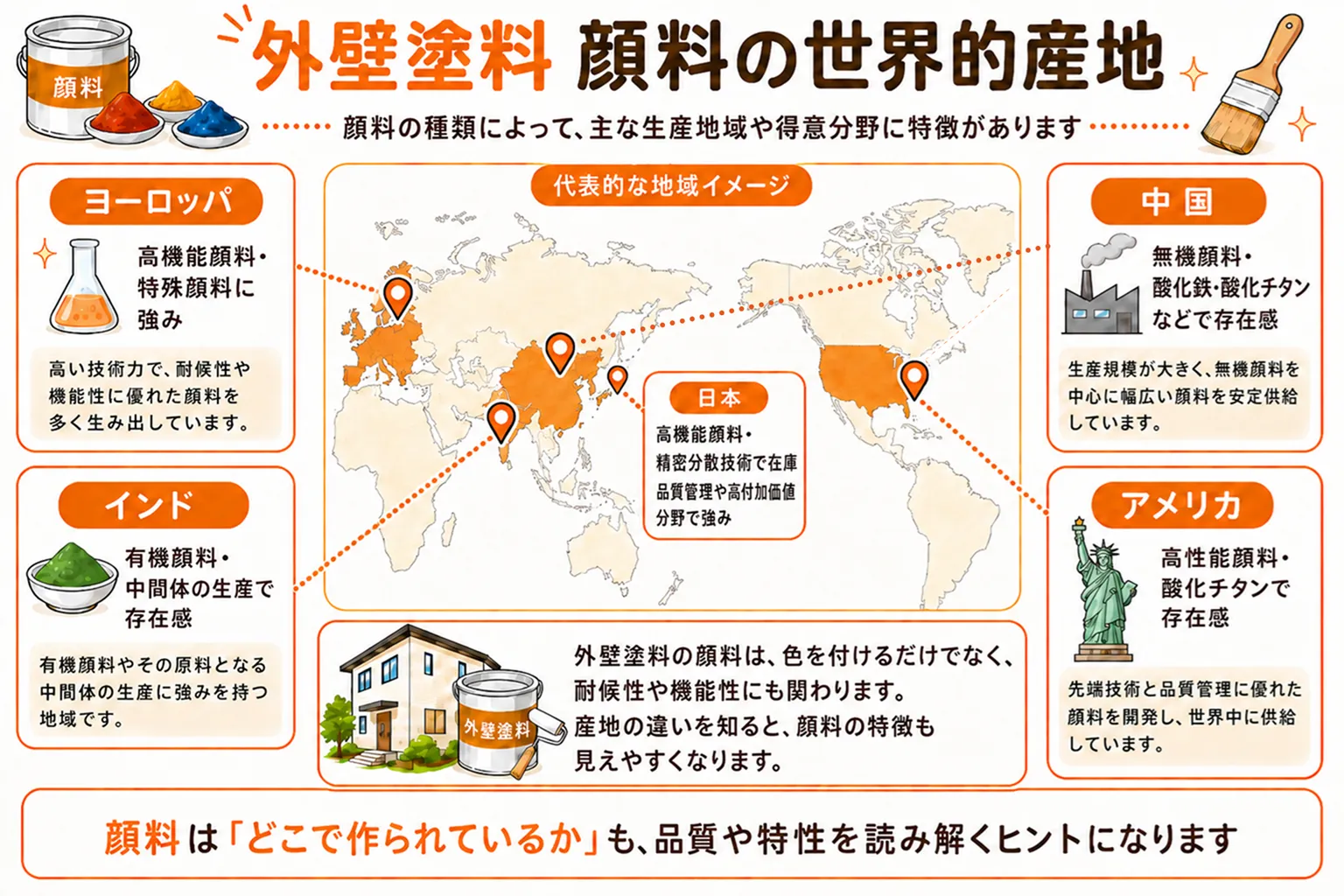 外壁塗料　顔料の世界的生産地　イメージ"