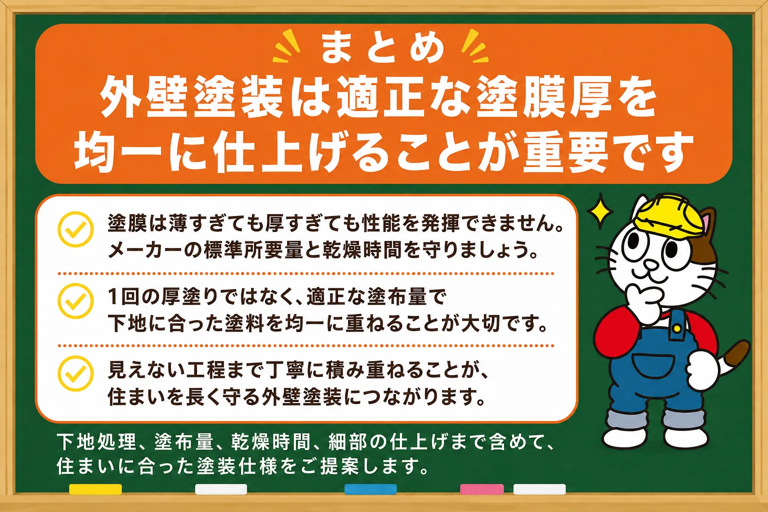まとめ|外壁塗装は適正な塗膜厚を均一に仕上げることが重要です イメージ