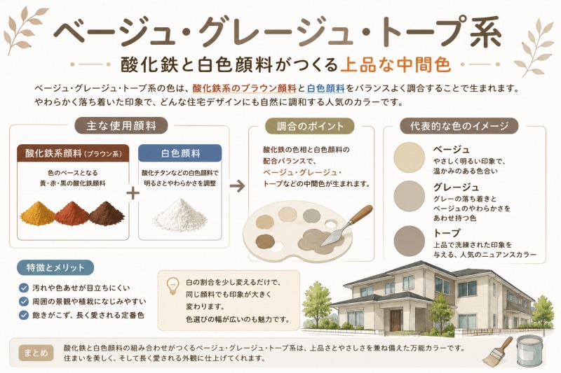 ベージュ・グレージュ・トープ系｜酸化鉄と白色顔料がつくる上品な中間色　イメージ