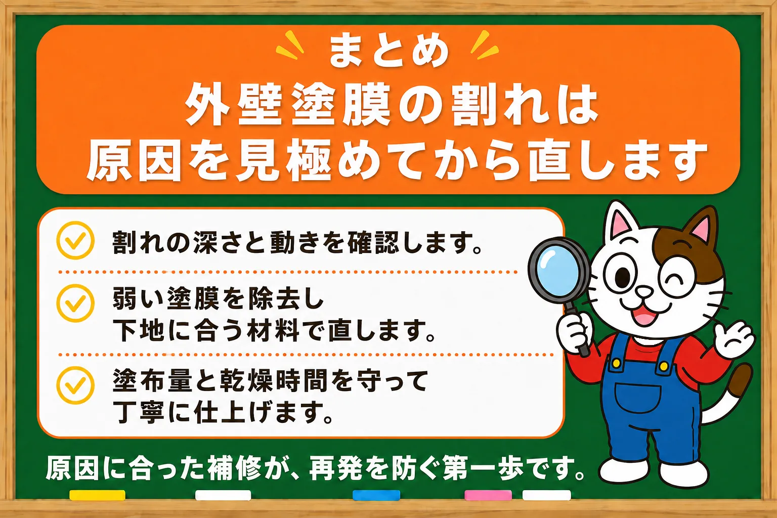 まとめ|外壁塗膜の割れは原因を見極めてから直します イメージ