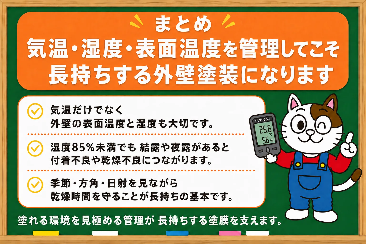 まとめ|気温・湿度・表面温度を管理してこそ長持ちする外壁塗装になります イメージ