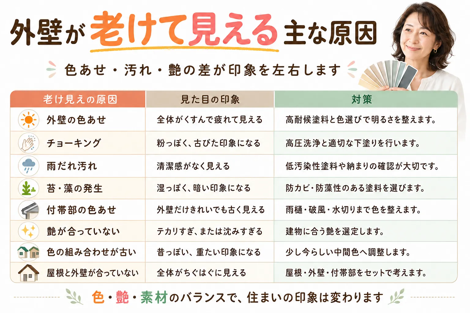 外壁が老けて見える主な原因 イメージ