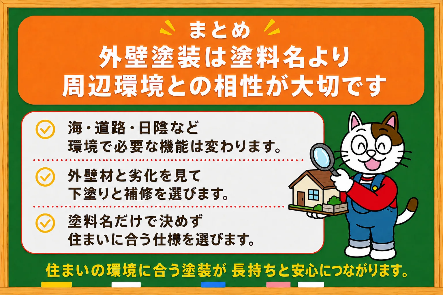 まとめ｜外壁塗装は塗料名より周辺環境との相性が大切です　イメージ