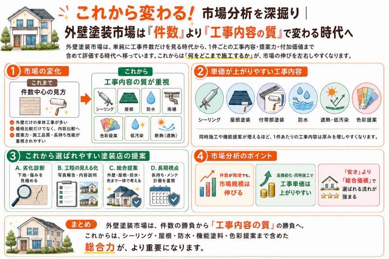 市場分析を深掘り|外壁塗装市場は「件数」より「工事内容の質」で変わる時代へ イメージ