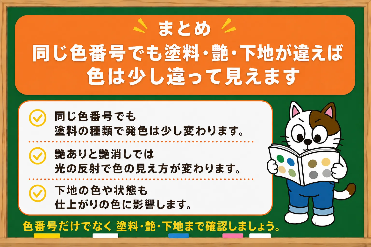 まとめ｜同じ色番号でも塗料・艶・下地が違えば色は少し違って見えます　イメージ