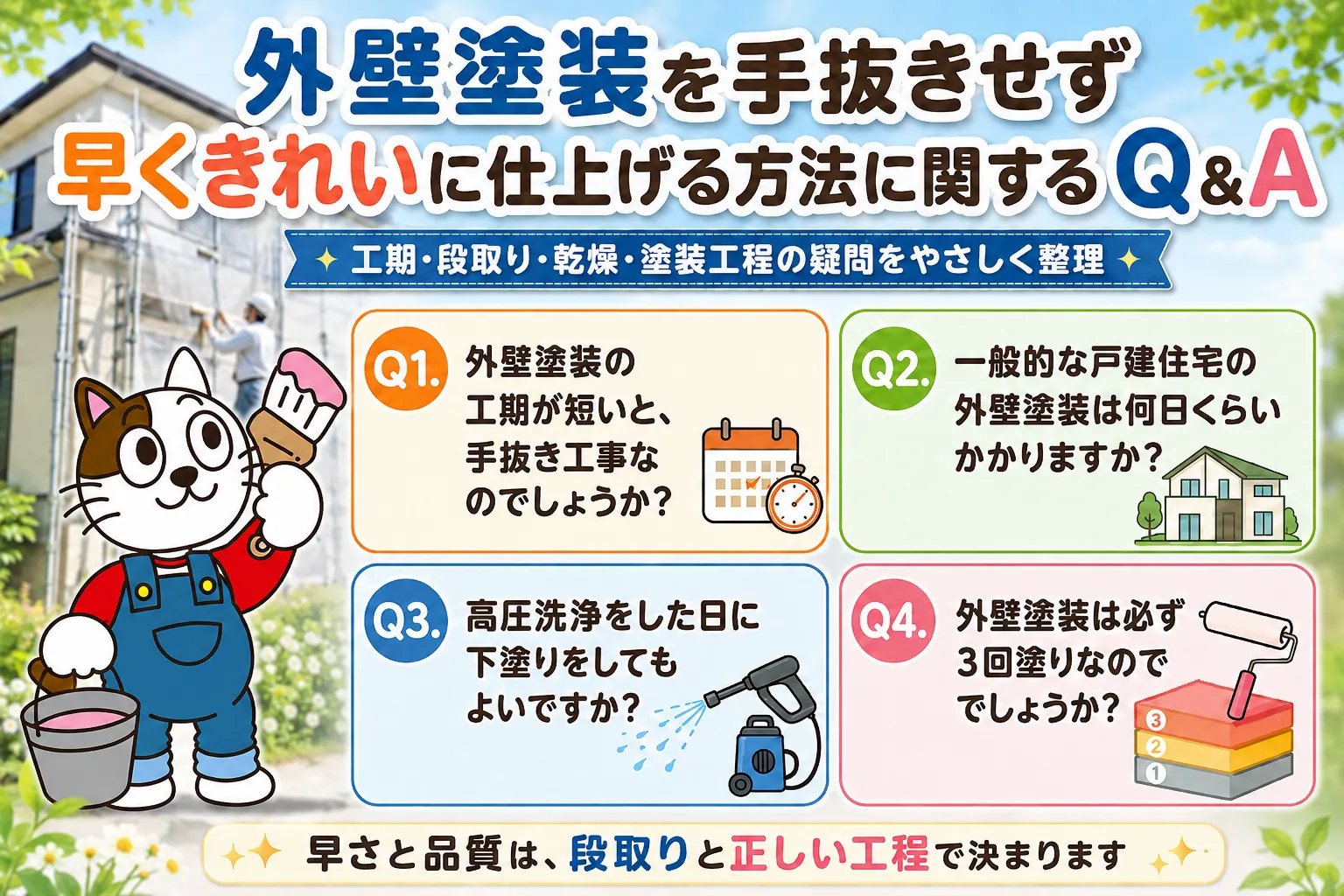 外壁塗装を手抜きせず早くきれいに仕上げる方法に関するQ&A イメージ
