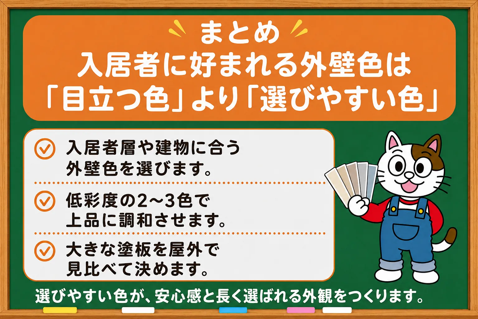 まとめ｜入居者に好まれる外壁色は「目立つ色」より「選びやすい色」　イメージ