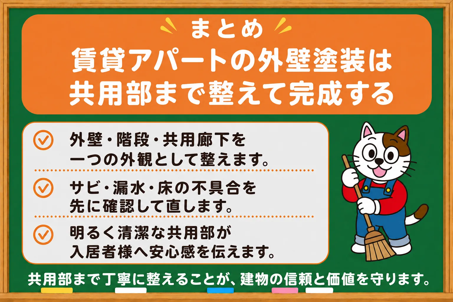 まとめ|賃貸アパートの外壁塗装は共用部まで整えて完成する イメージ