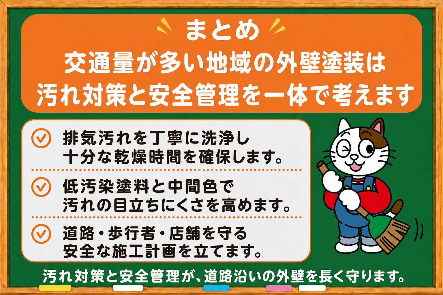 まとめ|交通量が多い地域の外壁塗装は汚れ対策と安全管理を一体で考えます イメージ