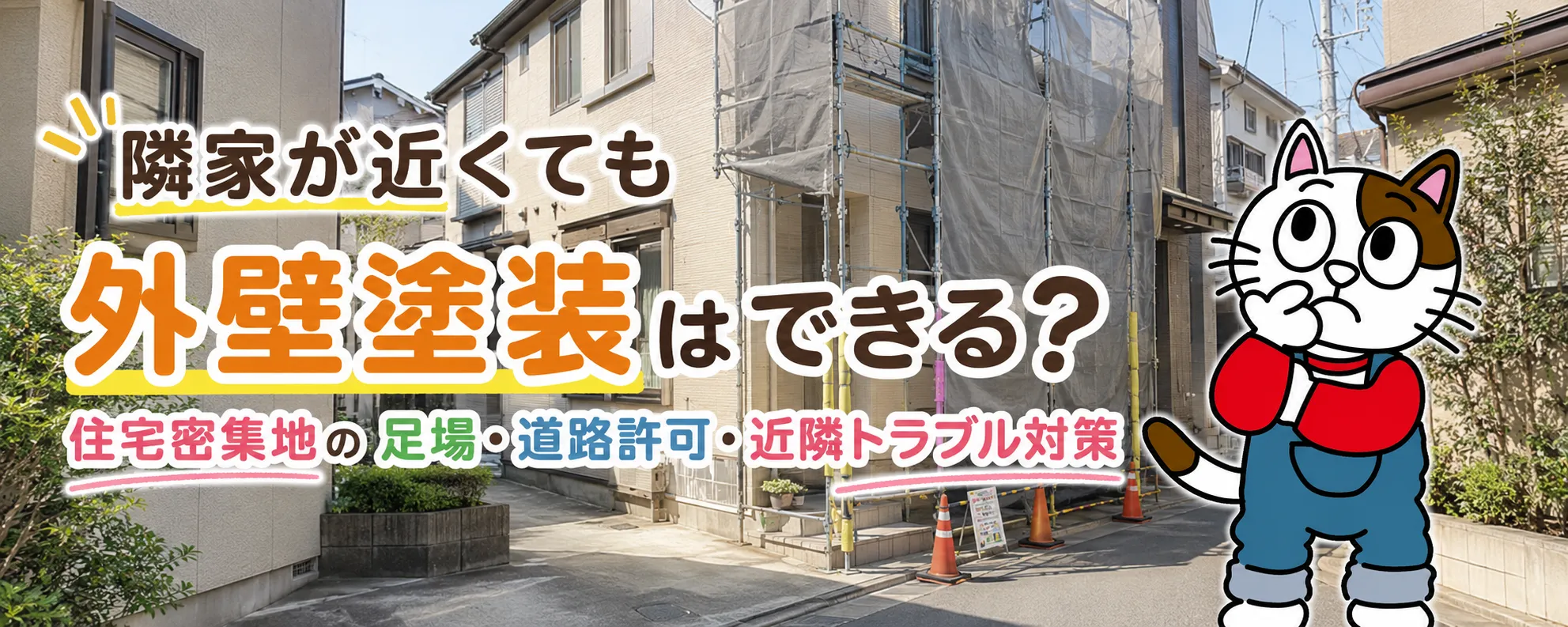 住宅密集地の外壁塗装で失敗しないために｜足場・近隣配慮・飛散・騒音対策　イメージ